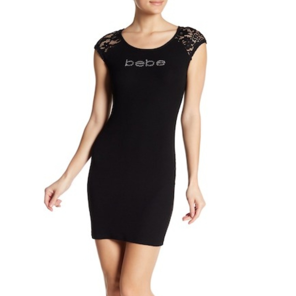 Bebe Ribbed Lace Rhinestone Logo Shirt Dress